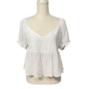 No Comment NY-LA White Cropped Top Elastic Back Peplum Eyelet Top Size XL